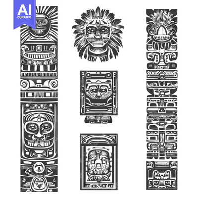 Premium design asset: Five stylized totem pole figures with carved faces