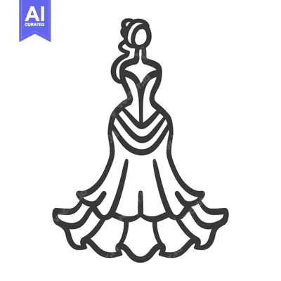 Aset desain premium: A stylized line drawing illustrates an elegant formal ball gown