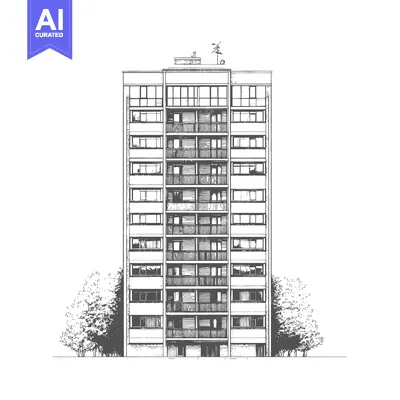 Aset desain premium: Apartment Building Sketch with Trees Flanking Sides