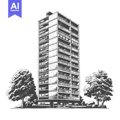 Aset desain premium: Apartment Building Illustration With Trees