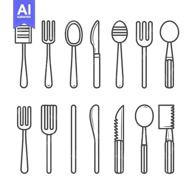 Aset premium populer: Minimalist Cutlery Set: Line Art of Forks, Spoons, and Knives on White