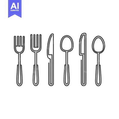 Aset desain premium: Minimalist Cutlery Lineup: Fork, Knife, and Spoon Icons on White Backg