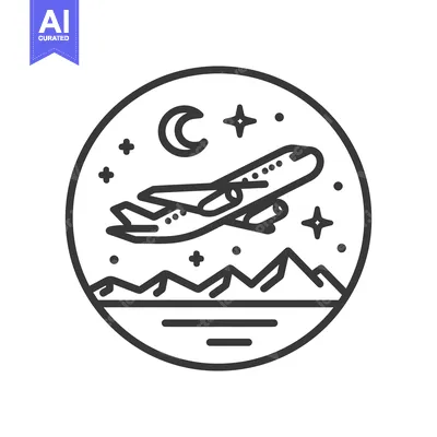 Aset premium populer: Airplane Taking Off at Night, Minimalist Line Art in Circle Frame