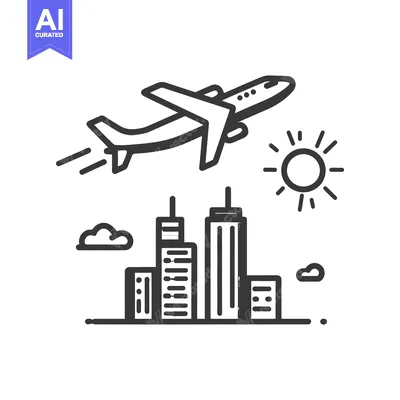 Aset desain premium: Airplane Flying Over City Skyline, Sun, and Cloud Icon