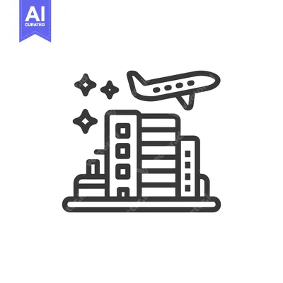 Aset desain premium: Airplane Flying Over City Skyline with Stars, Line Art Icon