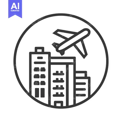 Aset premium populer: Airplane Over Cityscape Icon in Circle, Minimalist Black and White Des