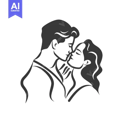 Aset desain premium: Artistic Line Drawing Depicting Two People Sharing a Kiss
