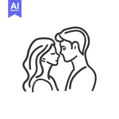 Aset desain premium: A linear illustration depicting a man and woman in intimate closeness