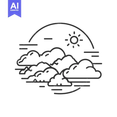 Aset desain premium: Minimalist Cloudscape: Sun, Clouds, and Horizon Line Art Illustration