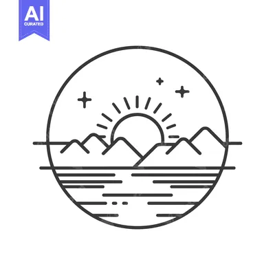 Aset premium populer: Minimalist Mountain Sunset Over Water, Circle Frame, Starry Sky, Line