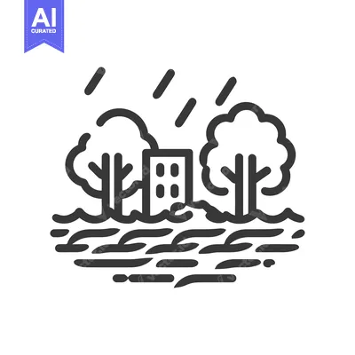 Aset desain premium: Minimalist Icon of Urban Flooding with Trees and Building in Rain