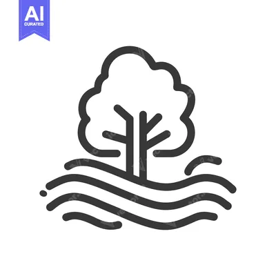 Aset desain premium: Minimalist Tree Icon on Wavy Ground, Bold Line Art Design