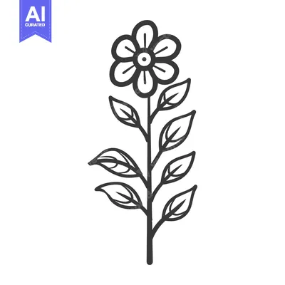 Premium design asset: A single outlined illustration of a simple flower with leaves