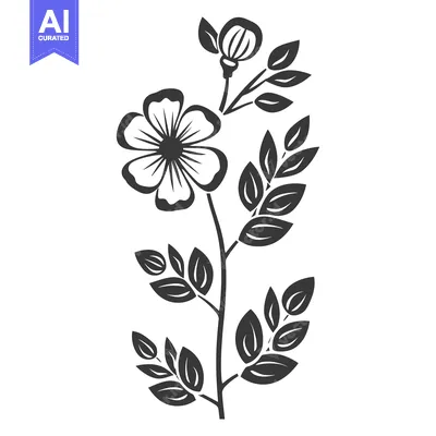 Aset premium populer: Simple black and white floral design with leaves and bud on stem