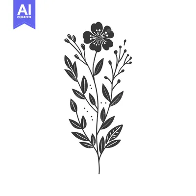 Aset premium populer: A stylized black and white illustration of a single floral stem