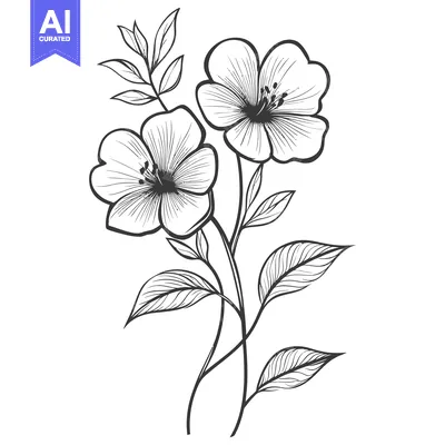 Premium design asset: Detailed line art illustration features two flowers and several leaves