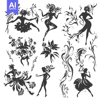 Aset premium populer: Floral Silhouettes of Women Dancing with Elaborate Hair