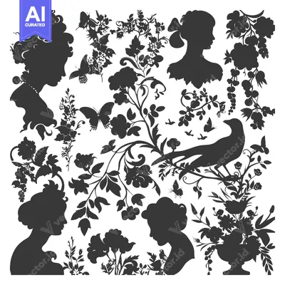 Aset premium populer: Floral Silhouettes with Female Profiles and Birds