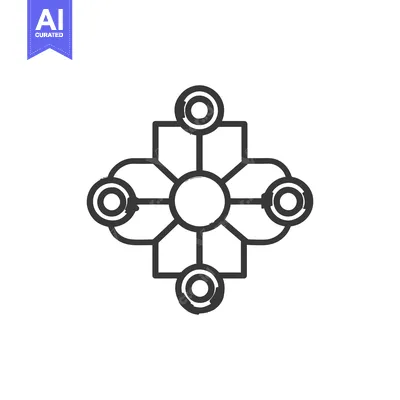 Aset desain premium: Abstract Network Icon: Central Node with Connected Circles and Squares