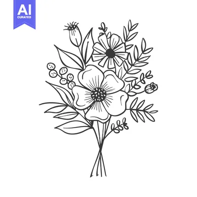 Aset premium populer: A delicate floral bouquet with elegant black line art design