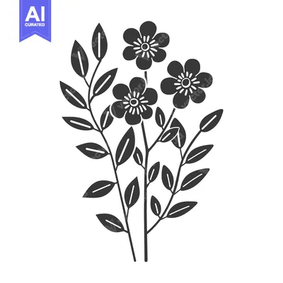 Aset premium populer: A Simple Black Illustration Depicting Flowers and Green Leafy Branches