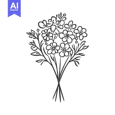 Aset desain premium: A delicate black and white illustration of a flower bouquet