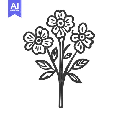 Aset desain premium: A simplistic drawing depicts three flowers on stems with leaves