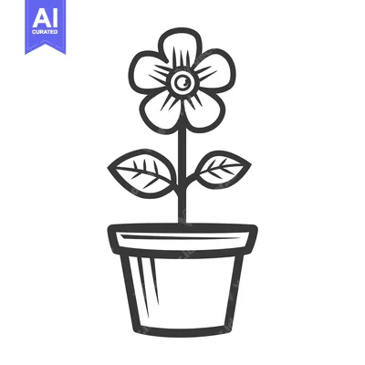 Aset premium populer: A simple line drawing depicting a potted blooming flower plant