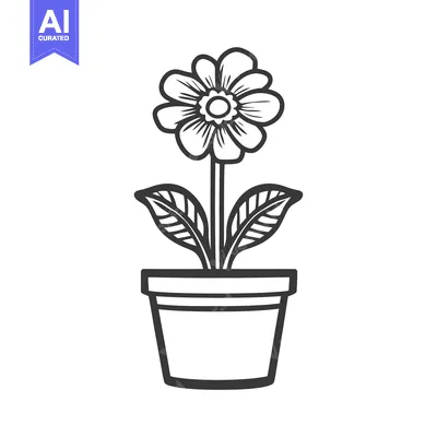 Aset desain premium: A simple line drawing depicting a potted blooming flower