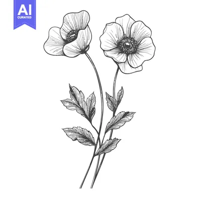 Aset premium populer: Two blossoming flowers and detailed foliage stem illustration on white