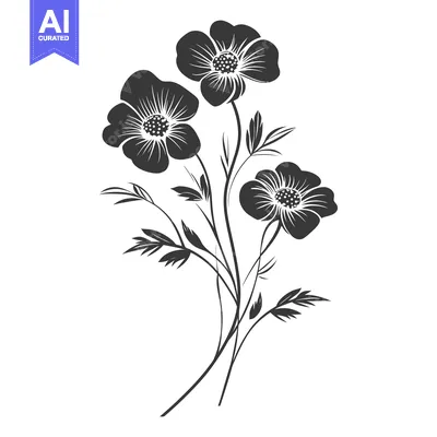 Aset desain premium: Three stylized floral blossoms with leaves and stems in a cluster