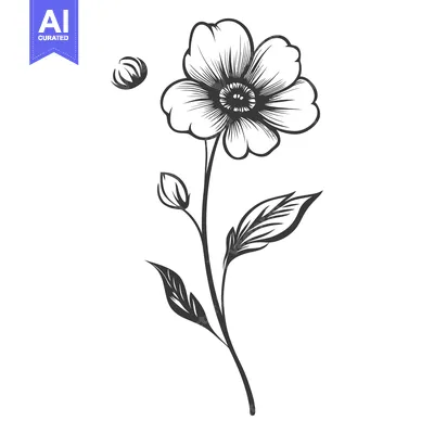Aset desain premium: A single illustrated flower with buds and leaves on a stem