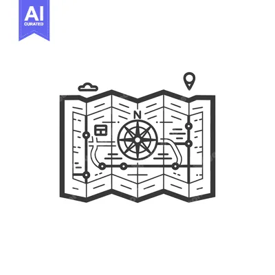 Aset desain premium: Folded Map with Compass and Pinpoint Location