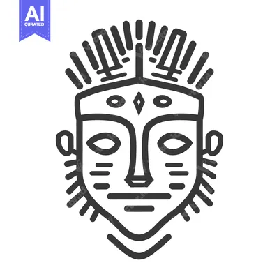 Aset desain premium: A stylized depiction of a tribal mask in simple outline