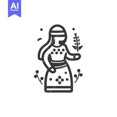 Aset desain premium: A stylized illustration depicting a woman holding a sprig of vegetatio