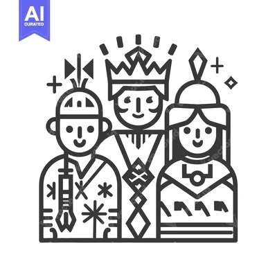 Aset desain premium: A linear illustration depicts three figures with royal or tribal chara