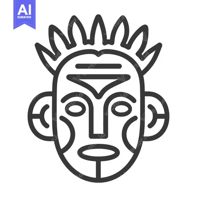 Aset desain premium: A stylized monochrome drawing of an tribal ceremonial mask