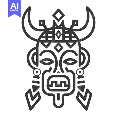 Aset desain premium: A stylized black and white tribal mask with horns and symbols