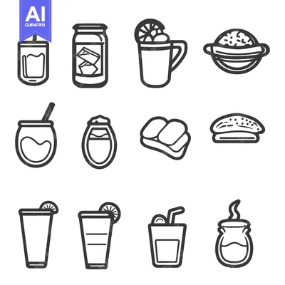 Aset desain premium: Collection of food and beverage items are illustrated simply in outlin