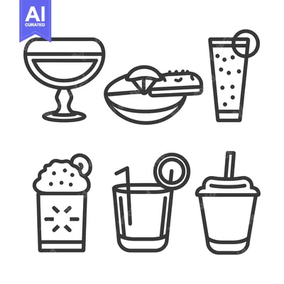 Aset desain premium: A collection of stylized food and drink beverage icons