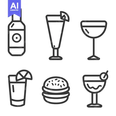 Aset desain premium: Simple line art icons showing various alcoholic beverages and a burger