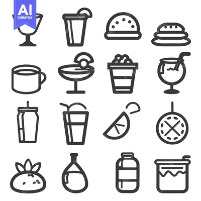 Aset desain premium: Various food and beverages icons presented in a black and white design