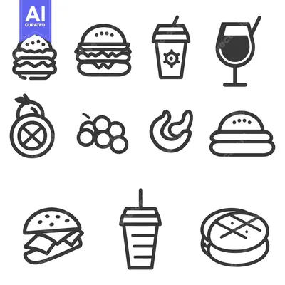 Aset premium populer: Various icons depicting food and beverages in simple line art