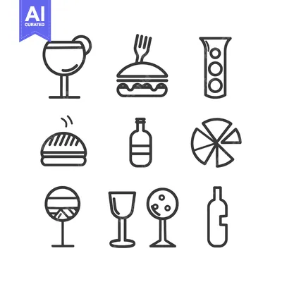 Aset premium populer: Simplified monochrome illustrations depict various food and beverage i