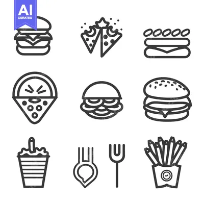 Assortment of fast food icons in a simple black style