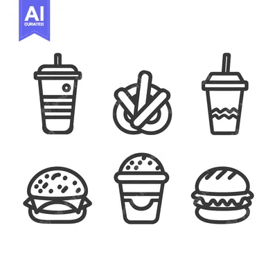 Aset premium populer: Black outline vector icons depicting fast food and beverages