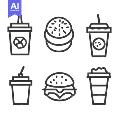 Aset desain premium: Line art icons depicting various fast food and drinks items