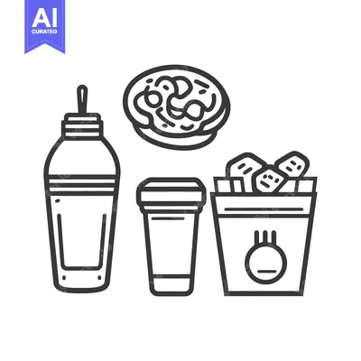 Aset desain premium: Black and white line drawings of various food and drink items