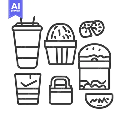 Aset premium populer: Various food and beverage items represented by line art illustrations
