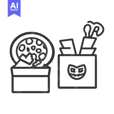 Aset premium populer: Black and white illustrative art of pizza and a container